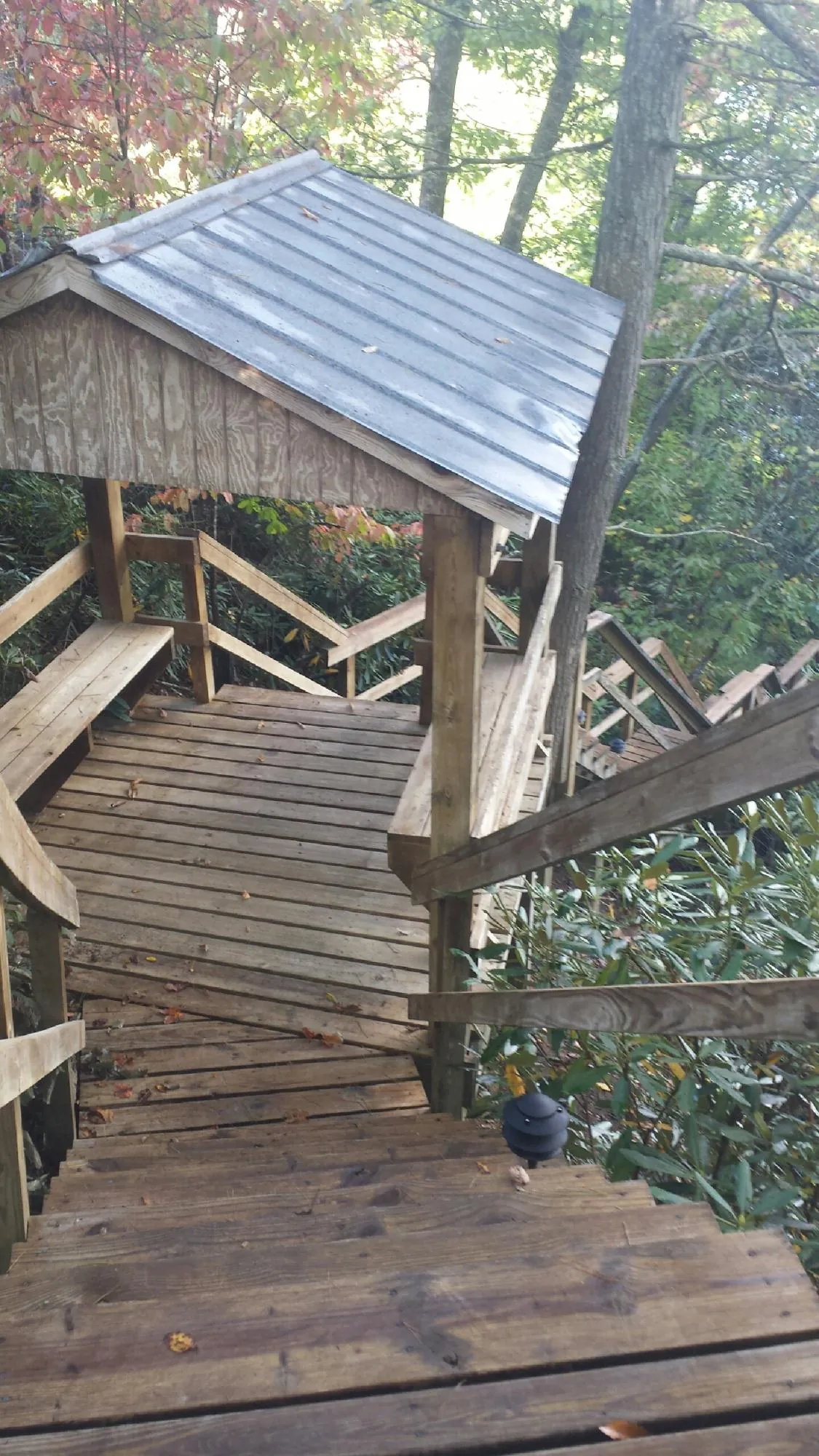 Metal roofed shelter over wooden steps on a wooded walkway — Skylight Repair & Installation work by our crew in Avera
